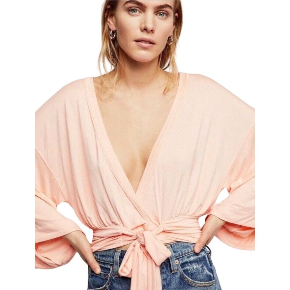 Free People ✨ boho That's a Wrap Top Surplice Blouse Peach Orange Small